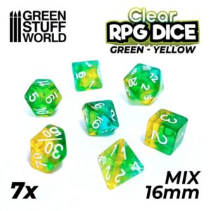 Green Stuff World    7x Mix 16mm Dice - Clear Green/Yellow - 8435646507583ES - 8435646507583
