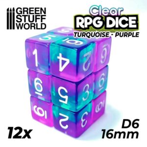 Green Stuff World    12x D6 16mm Dice - Clear Turquoise/Purple - 8435646507545ES - 8435646507545