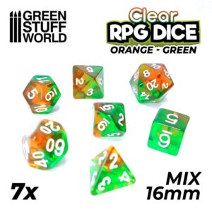 Green Stuff World    7x Mix 16mm Dice - Clear Orange/Green - 8435646507590ES - 8435646507590