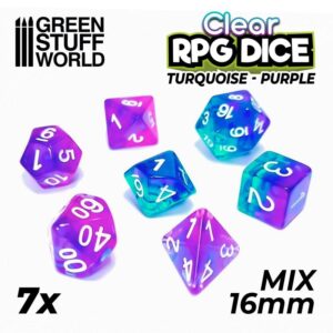 Green Stuff World    7x Mix 16mm Dice - Clear Turquoise/Purple - 8435646507606ES - 8435646507606