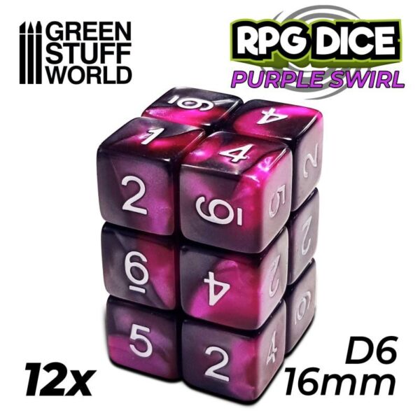 Green Stuff World    12x D6 16mm Dice - Purple Swirl - 8435646500263ES - 8435646500263