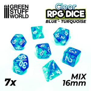 Green Stuff World    7x Mix 16mm Dice - Clear Blue/Turquoise - 8435646507576ES - 8435646507576