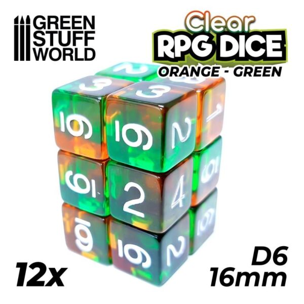 Green Stuff World    12x D6 16mm Dice - Clear Orange/Green - 8435646507538ES - 8435646507538