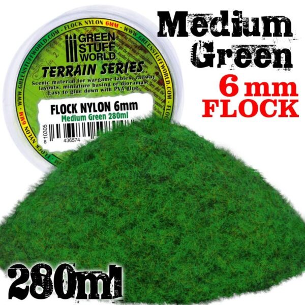 Green Stuff World    Static Grass Flock 6 mm - Medium Green - 280 ml - 8436574508048 -