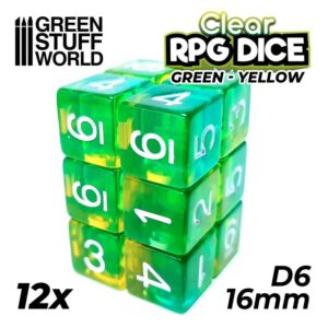 Green Stuff World    12x D6 16mm Dice - Clear Green/Yellow - 8435646507521ES - 8435646507521