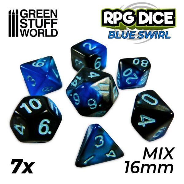 Green Stuff World    7x Mix 16mm Dice - Blue Swirl - 8435646500430ES - 8435646500430