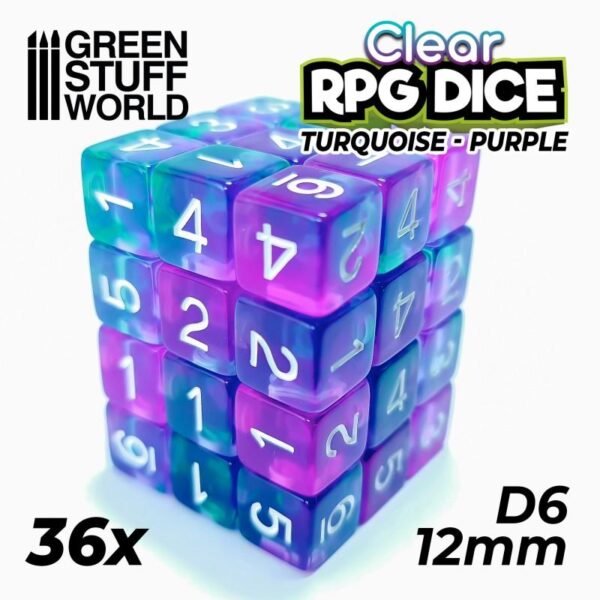 Green Stuff World    36x D6 12mm Dice - Clear Turquoise/Purple - 8435646507484ES - 8435646507484