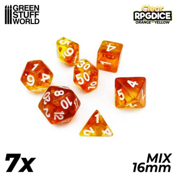Green Stuff World    7x Mix 16mm Dice - Orange - Yellow - 8435646514390ES - 8435646514390