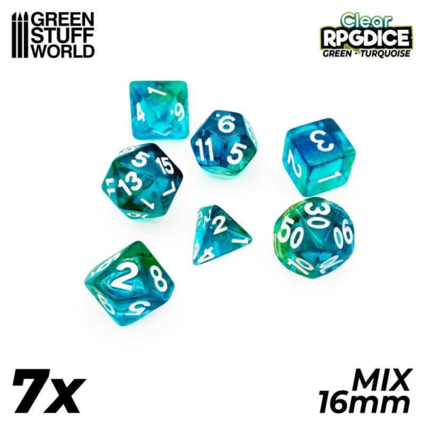 Green Stuff World    7x Mix 16mm Dice - Green - Turquoise - 8435646514420ES - 8435646514420